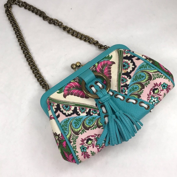 Isabella Fiore Canvas Leather Clutch Shoulder Bag Paisley Teal Pink Tassel Purse - Picture 2 of 12